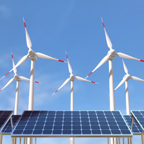 Solar panels and wind turbines, Green energy concept. 3D illustration